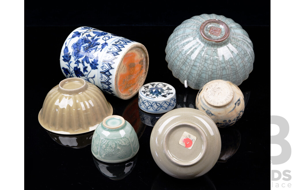 Collection Asian Ceramics Including Antique Small Blue &White Jar, Celadon, Crackle Glazed Examples and More