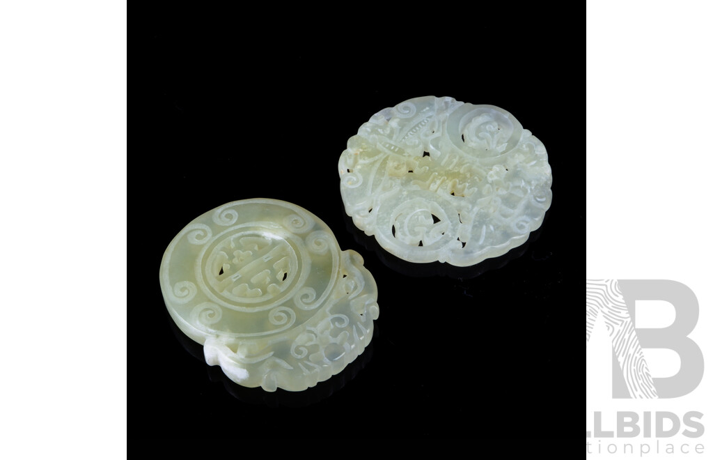 Two Chinese White and Pale Green Jade Hand Carved Jade Pendants