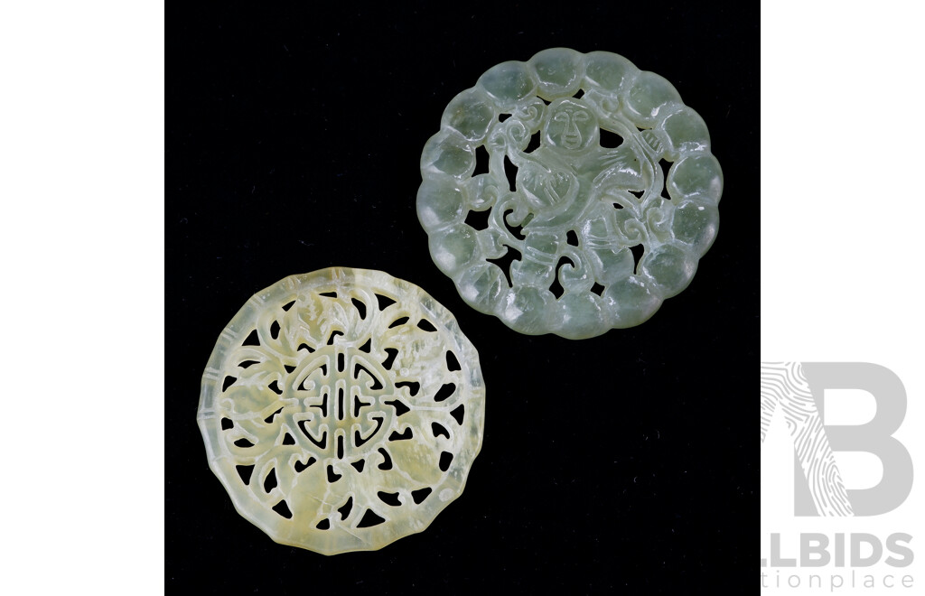 Two Chinese Pale Green Jade Hand Carved Pendants