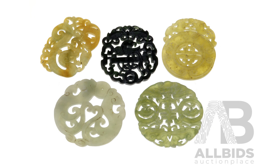 Collection Five Carved Chinese Soft Stone Pendents