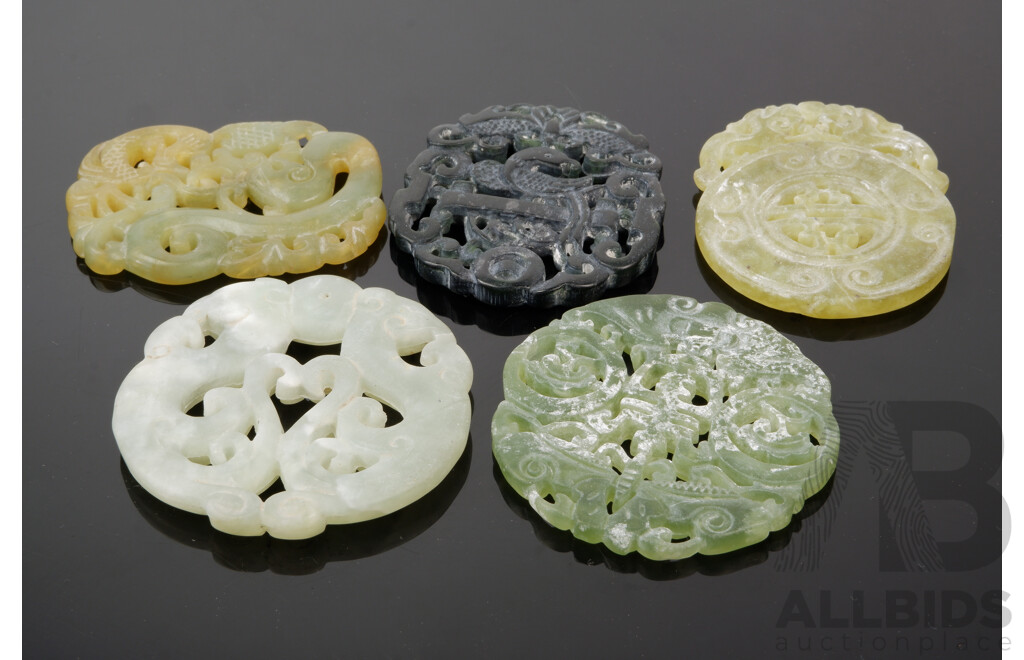 Collection Five Carved Chinese Soft Stone Pendents