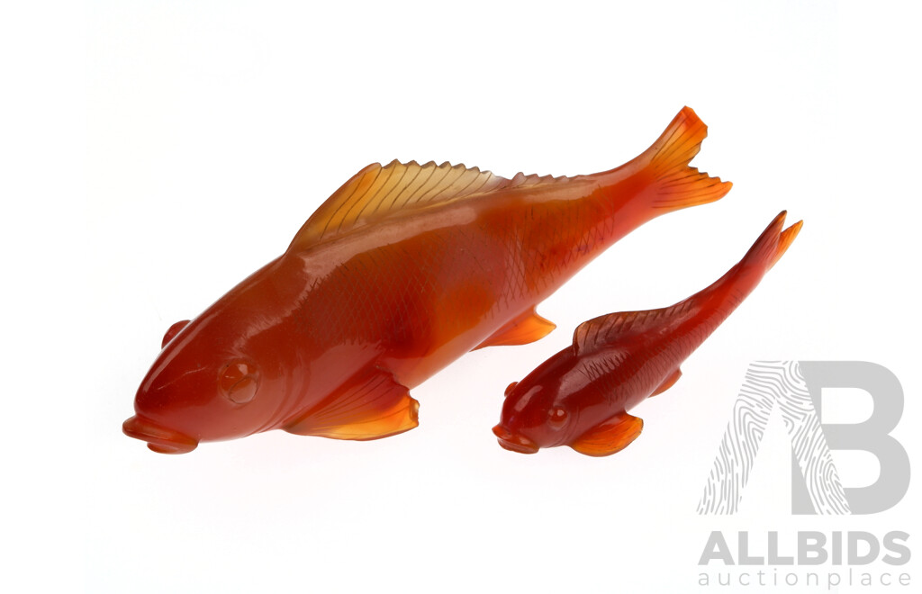 Fine Carved Chinese Agate Fish with Smaller Example