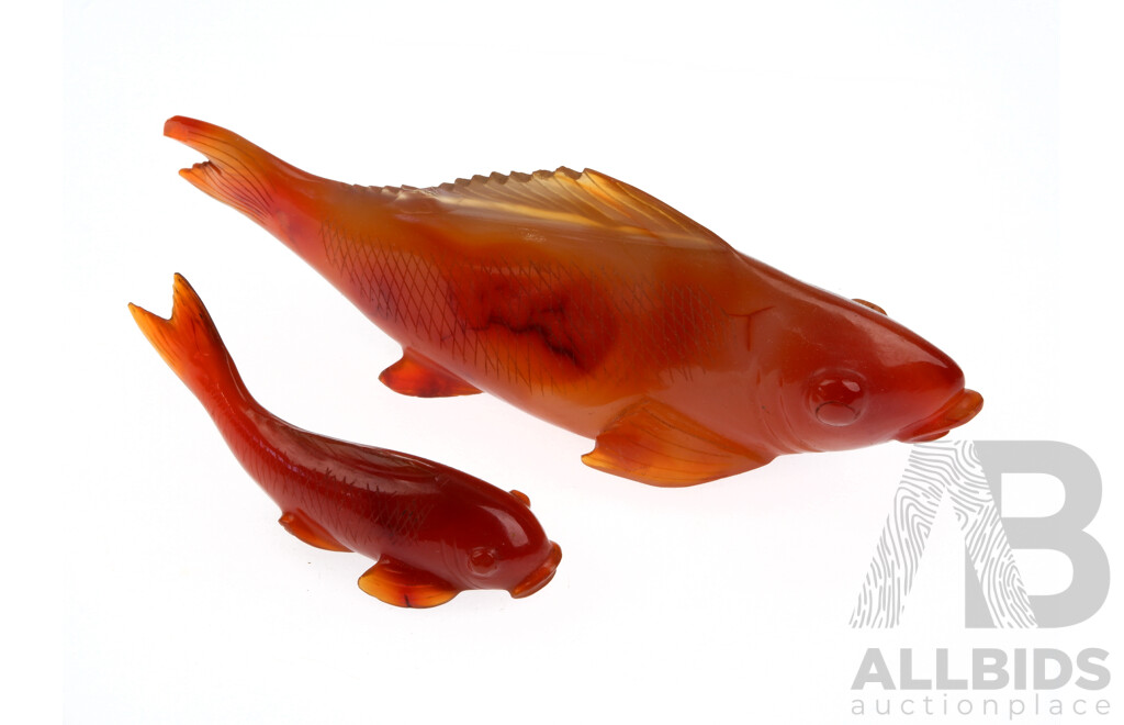 Fine Carved Chinese Agate Fish with Smaller Example