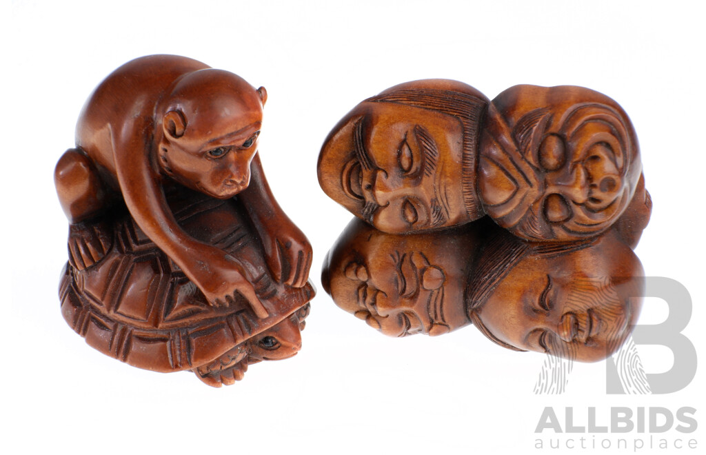 Two Vintage Hand Carved Japanese Wooden Netsuke