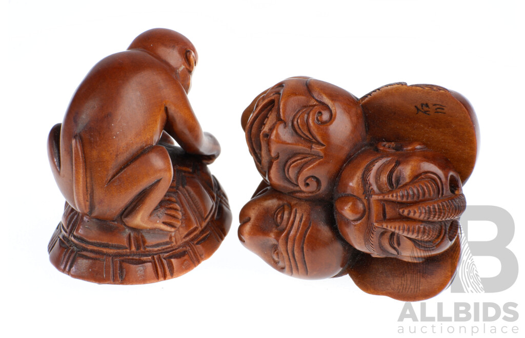 Two Vintage Hand Carved Japanese Wooden Netsuke