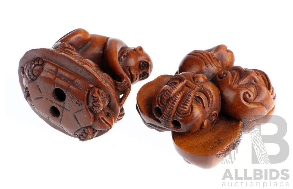 Two Vintage Hand Carved Japanese Wooden Netsuke