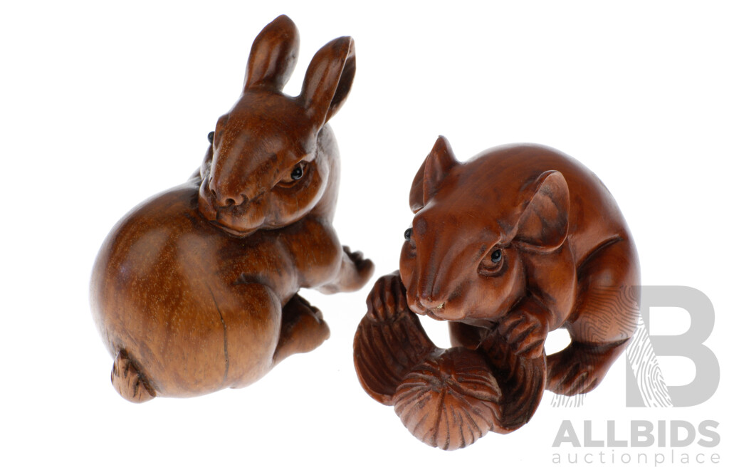 Two Vintage Hand Carved Japanese Wooden Netsuke in Rabbit and Mouse Form