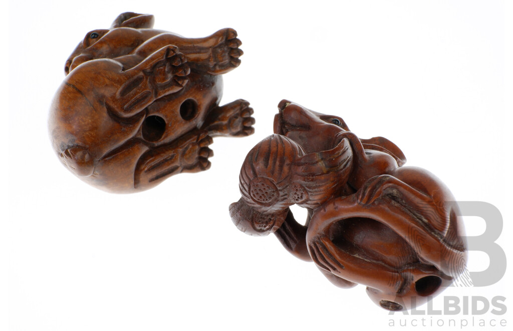 Two Vintage Hand Carved Japanese Wooden Netsuke in Rabbit and Mouse Form