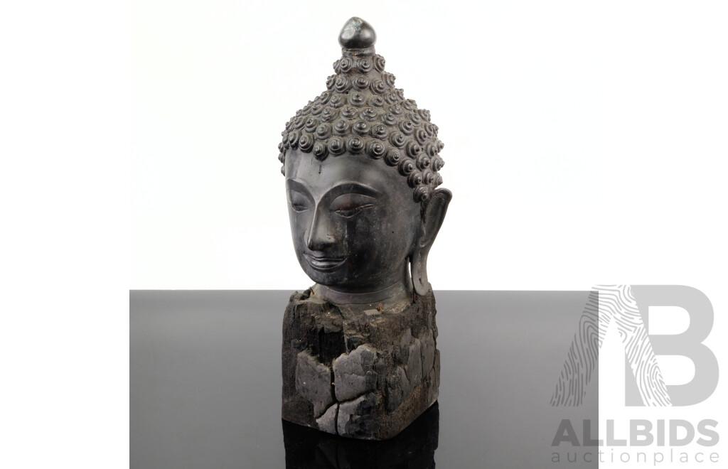 Vintage Thai Bronze Buddhas Head on Wooden Base