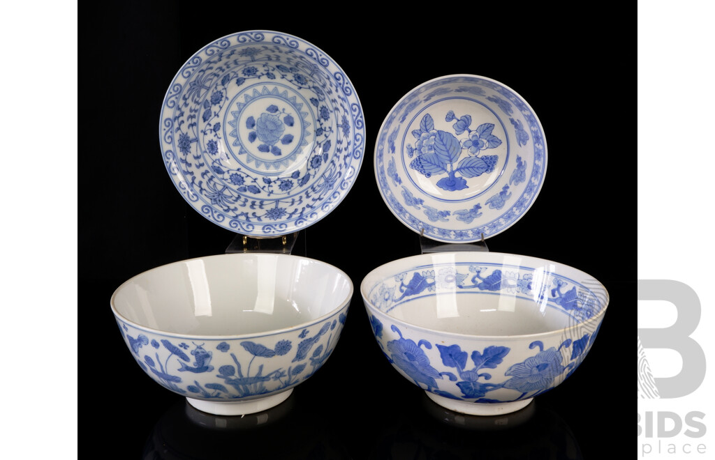 Collection Four Large Blue & White Porcelain Bowls with Different Designs to Each