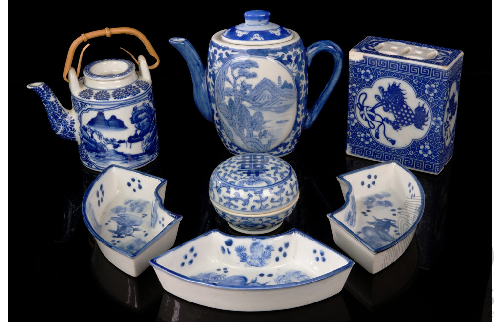 Collection Seven Blue & White Porcelain Items Including Two Lidded Teapot, Lidded Dish with Good Fortune Symbols and More