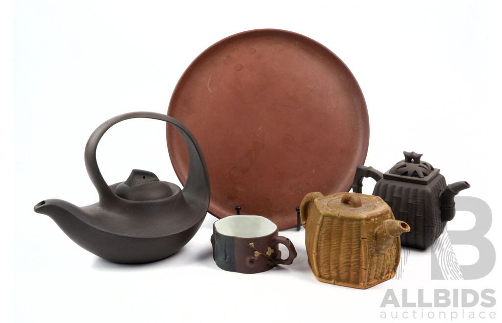 Collection Vintage Chinese Yi Xing Items Including Teapots, Platter and More