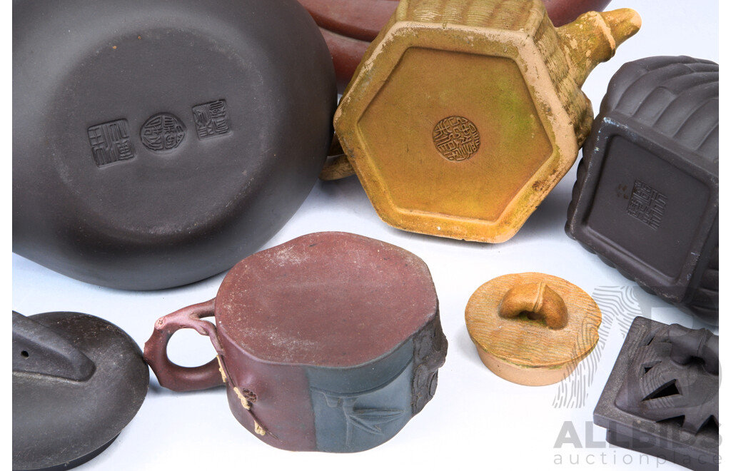 Collection Vintage Chinese Yi Xing Items Including Teapots, Platter and More