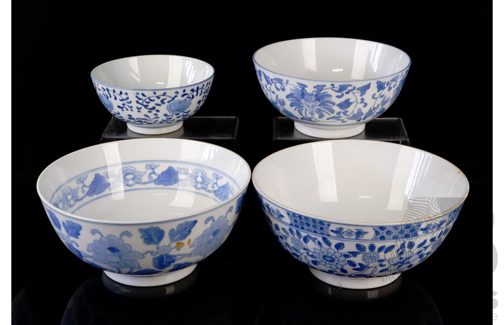 Collection Four Large Chinese Hand Decorated Blue & White Bowls