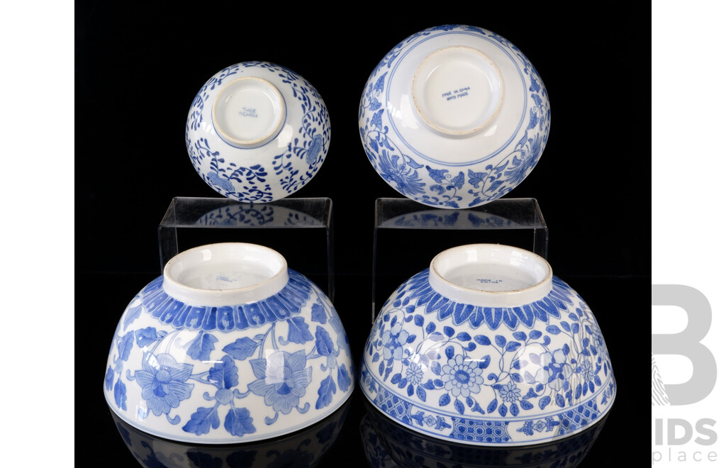 Collection Four Large Chinese Hand Decorated Blue & White Bowls