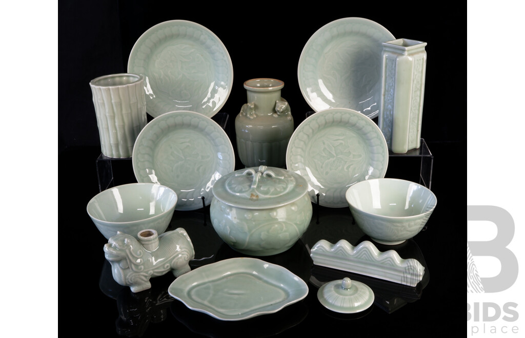 Collection 12 Pieces Chinese Celadon Glazed Pottery Including Vase with Tiger and Cub Decoration and More