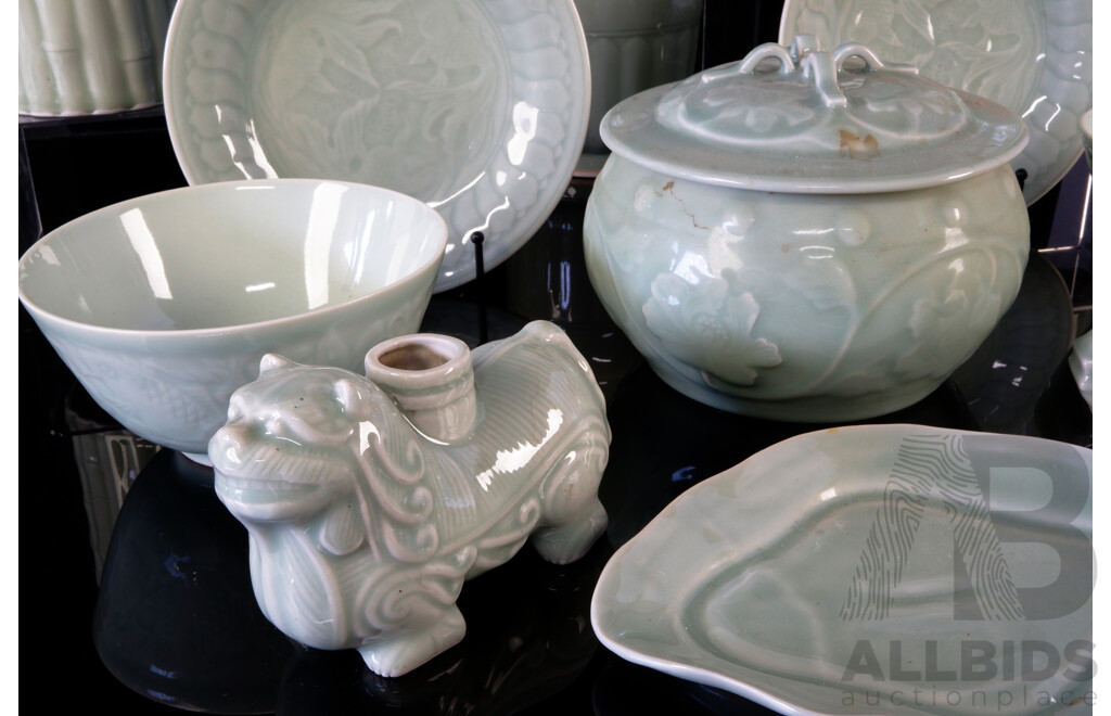 Collection 12 Pieces Chinese Celadon Glazed Pottery Including Vase with Tiger and Cub Decoration and More