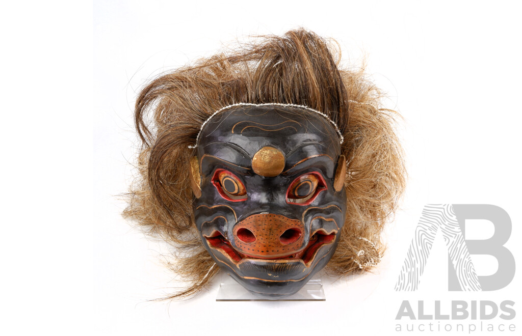 Vintage Hand Carved and Decorated Balinese Pig King Mask with Movable Jaw and Hair and Fibre Fringing