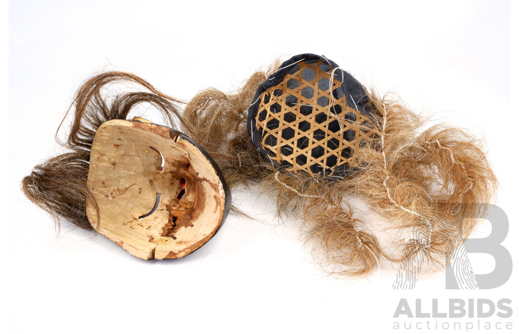 Vintage Hand Carved and Decorated Balinese Pig King Mask with Movable Jaw and Hair and Fibre Fringing