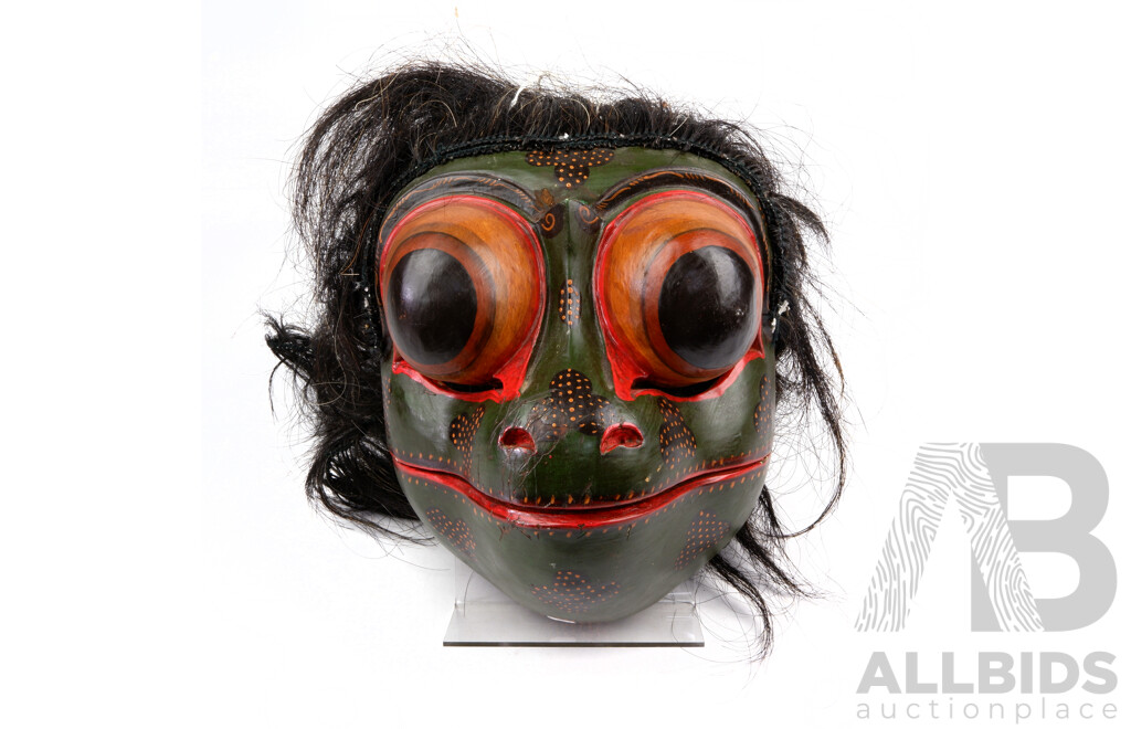 Vintage Hand Carved and Decorated Balinese Frog Prince Godogan Mask with Movable Jaw and Hair and Fibre Fringing