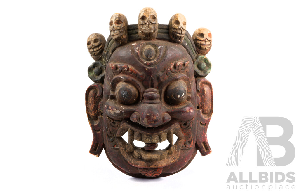 Antique Hand Carved and Decorated Himalayan Tibetan Angry Makahala Wooden Mask with Traces of Original Pigments