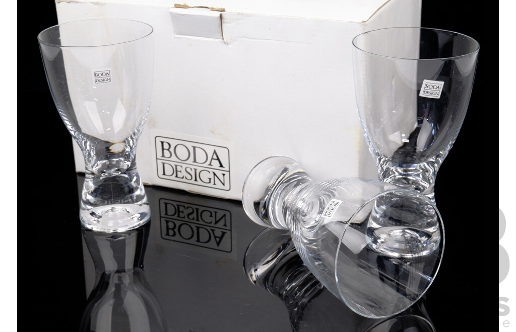 Set Six Retro Boda Designs Beer Glasses with Original Labels in Original Box