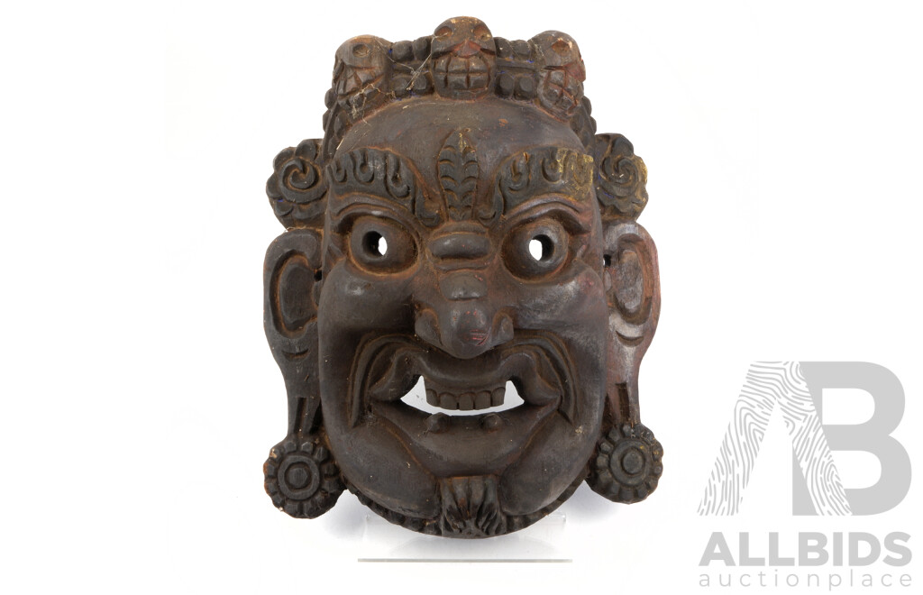 Antique Hand Carved and Decorated Himalayan Tibetan Angry Makahala Wooden Mask