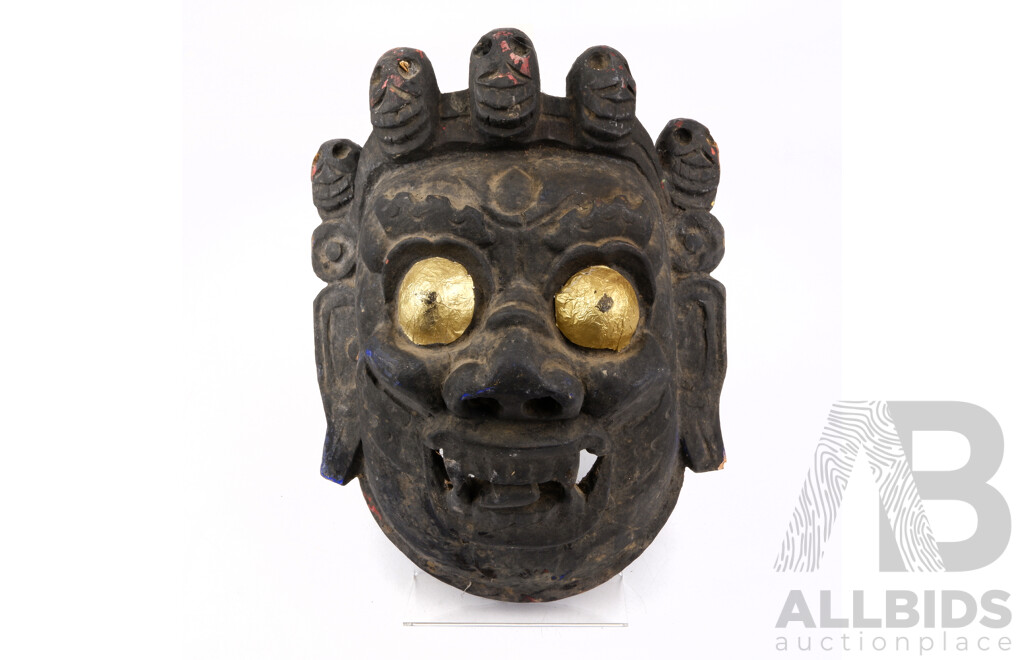 Vintage Hand Carved and Decorated Himalayan Tibetan Angry Makahala Wooden Mask