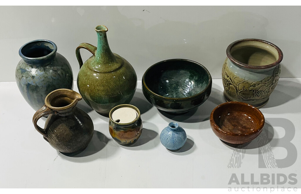 Collection Retro Australian Studio Pottery Pieces Including Small Lidded Canister by Jim Curtis, Vase with Forest Themed Decoration by Graham Masters of Sweenies Creek Pottery and More