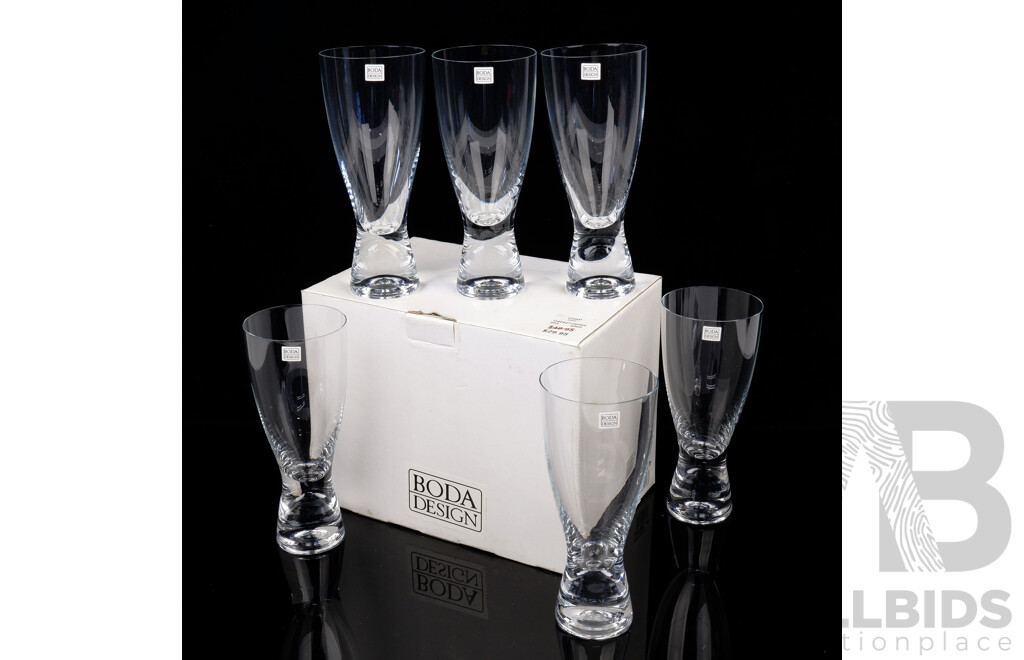 Set Six Retro Boda Designs Tall Beer Glasses with Original Labels in Original Box