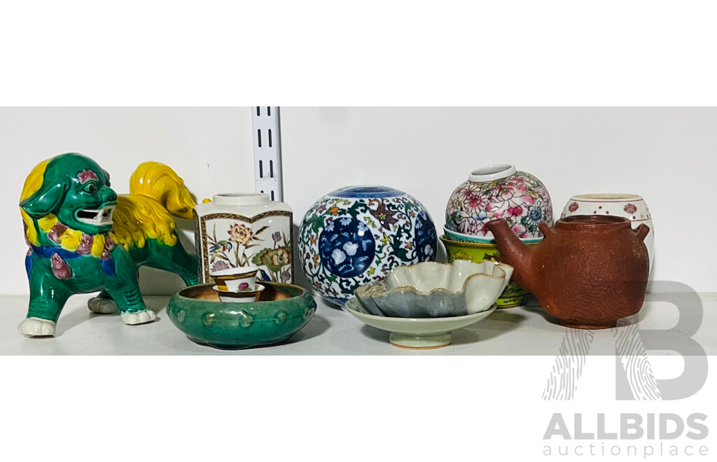 Collection Chinese Porcelain and Ceramics Including Pho Dog Statue, Vases and More