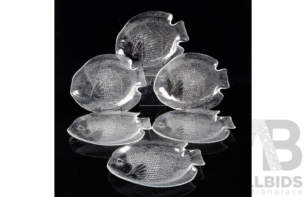 Set Six Mid Century Frosted Glass Fish Form Platters