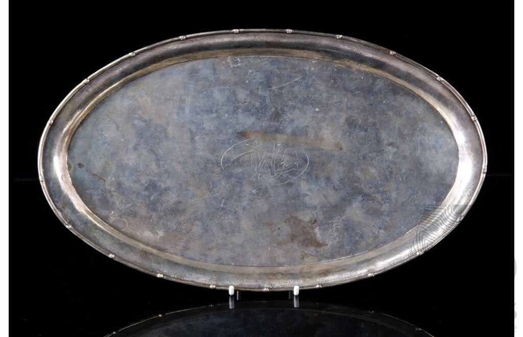 Antique Chinese Solid Silver Tray with Martel Finish, Bamboo Form Rim and Monogram to Center by Huck Chang