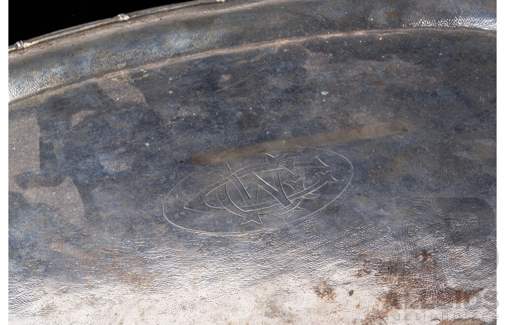 Antique Chinese Solid Silver Tray with Martel Finish, Bamboo Form Rim and Monogram to Center by Huck Chang