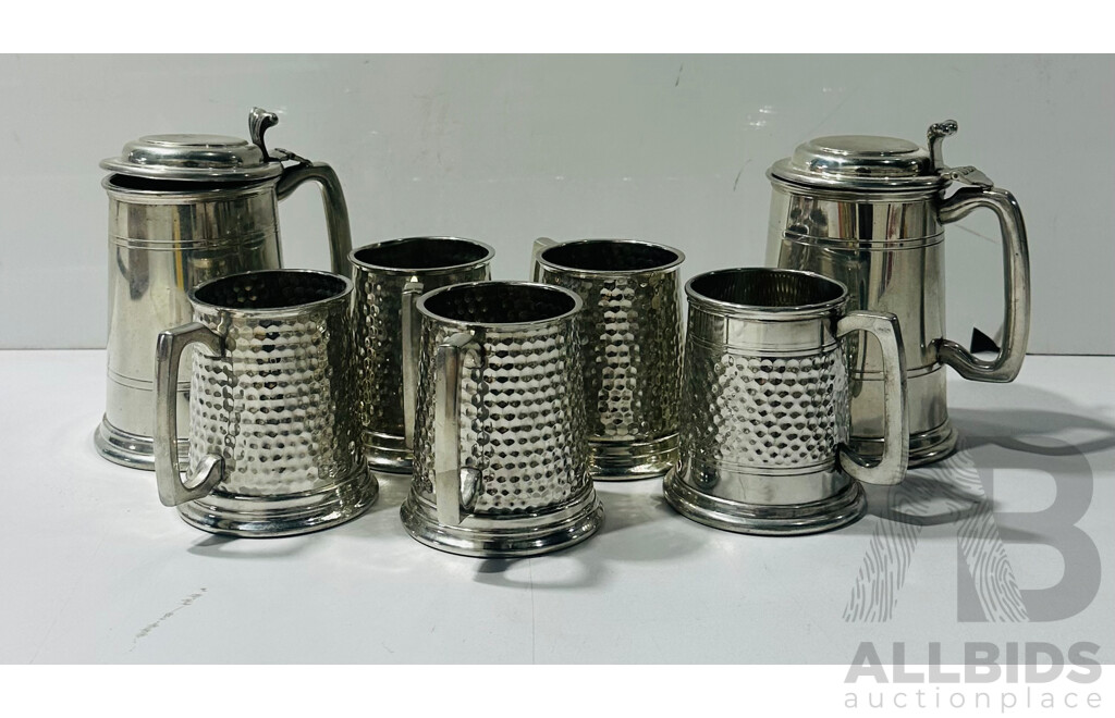 Collection Vintage Pewter Tankards Including Lidded Examples