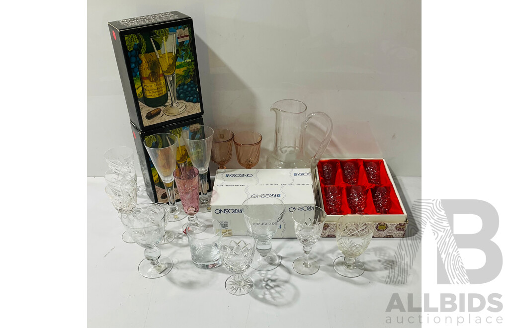 Collection Quality Crystal Including Large Water Pitcher with Engraved Detail, Two Boxed Pairs Dartington Sharron Glasses in Original Boxes by Frank Thrower , Boxed Krosno Examples and More