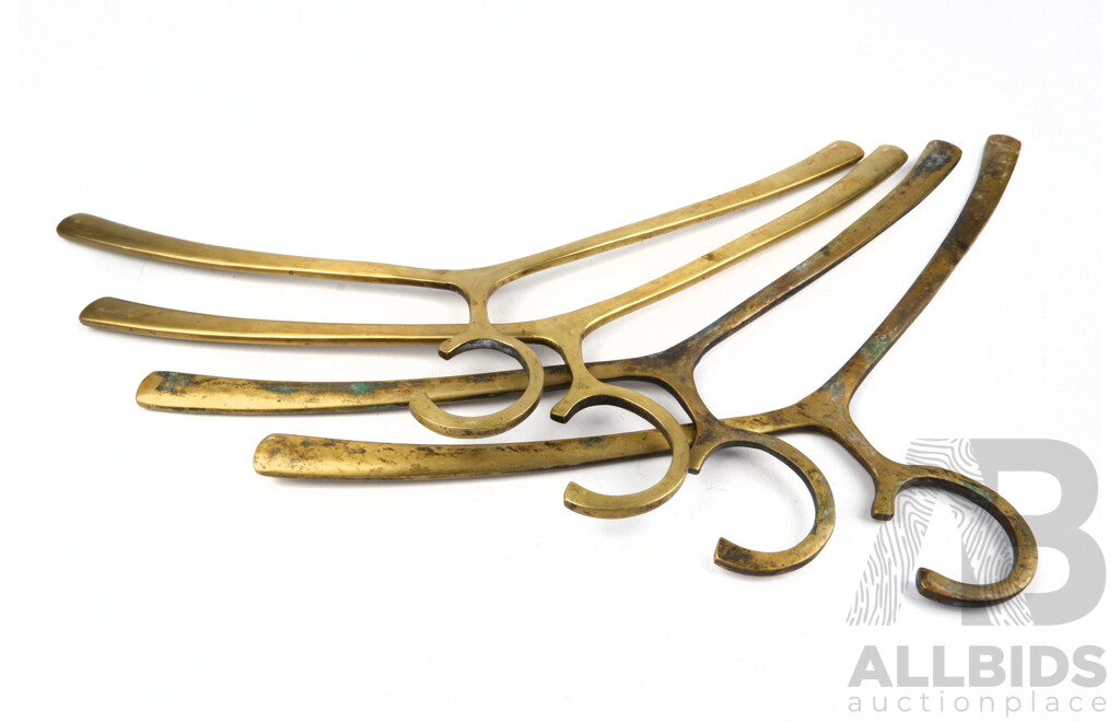 Set Four Vintage Solid Brass Coat Hangers