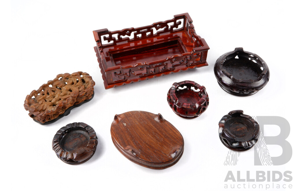 Collection Hand Carved Chinese Wooden Stands Including Example with Wire Inlay, Rectangular Example and More