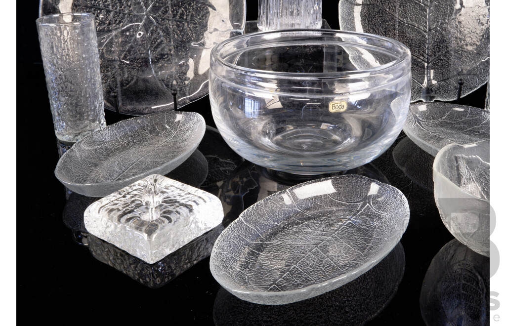 Collection Mid Century Textured Frosted Glass Including Leaf Pattern Examples, Kosta Boda Bowl and More