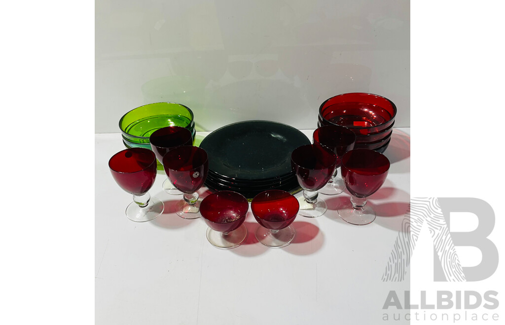 Collection Coloured Glass Pieces Including David Jones Ruby Glass Stemware and More