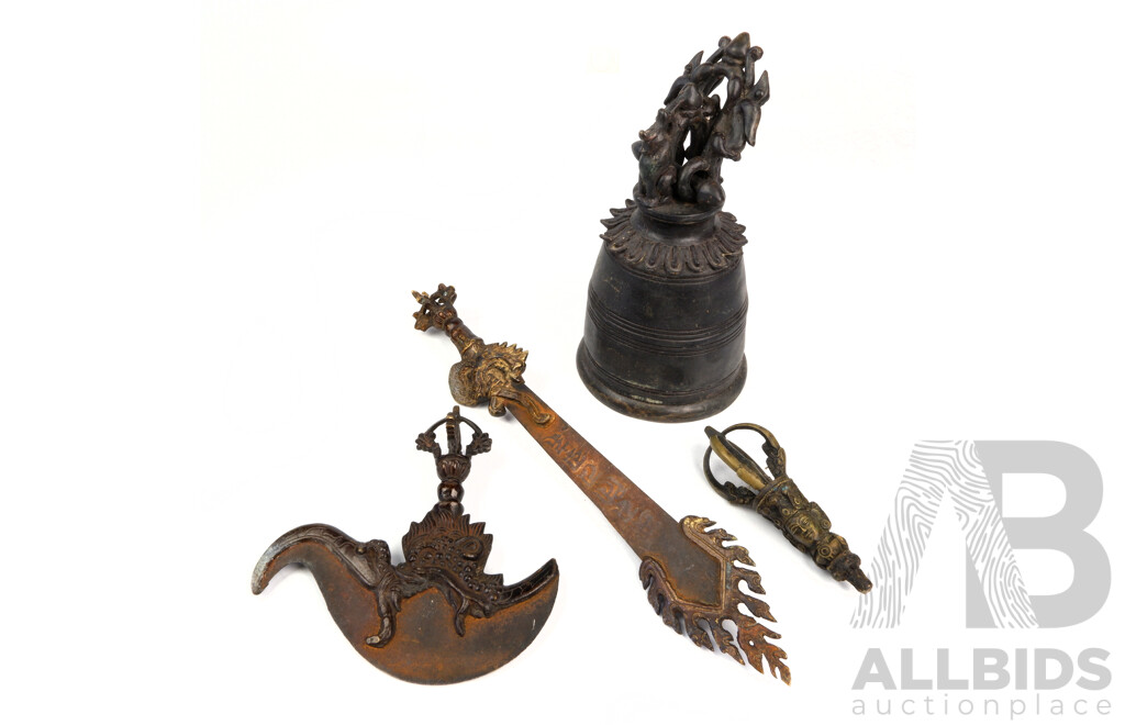 Tibetan Buddhist Bronze Meditation Bell with Brass Half Vajra Dorje, Ritual Kartika Flaying Knife and Manjushree Flaming Sword