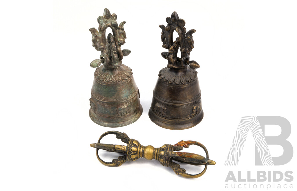 Pair Tibetan Buddhist Bronze Meditation Bells with Brass Vajra Dorje