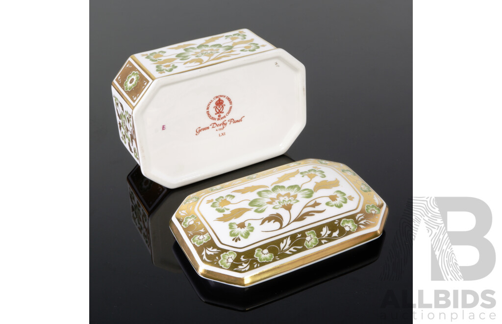 Royal Crown Derby Porcelain Lidded Trinket Box in Green Derby Pattern in Original Box