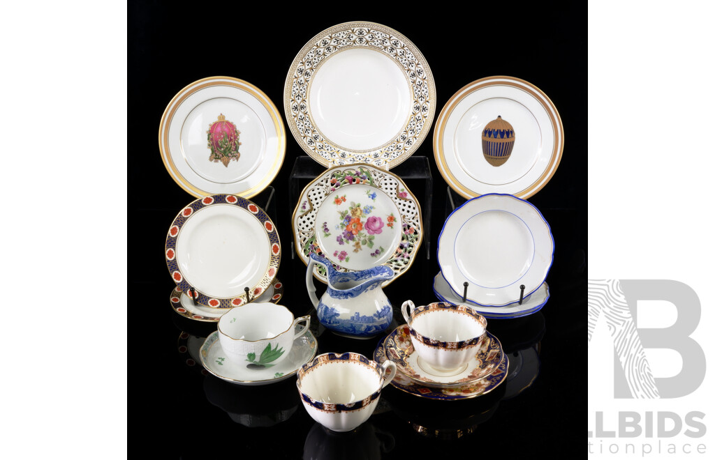 Collection English and Continental Porcelain Including Royal Crown Derby, Herend Duo, Spode Blue and White Jug and More