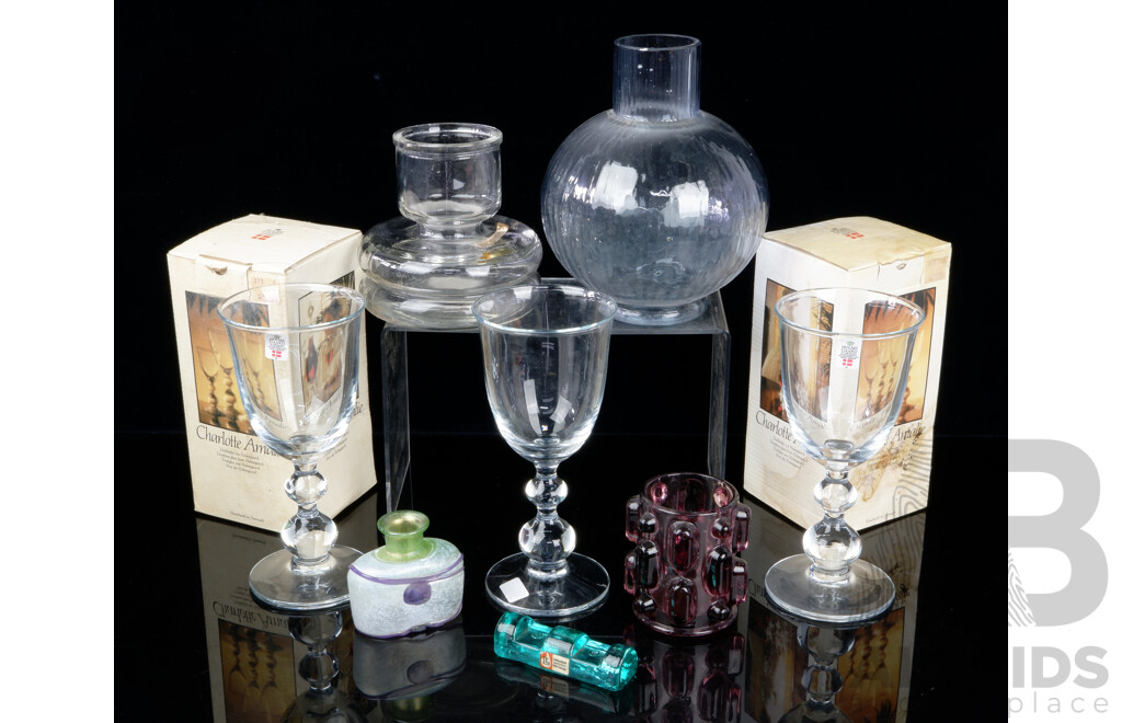 Collection Mid Century Glassware Including Three Holmgaard Amalie Glasses with Two in Original Boxes, Bertil Vallien for Kosta Boda Small Bottle, Lindshammer Pen Rest and More