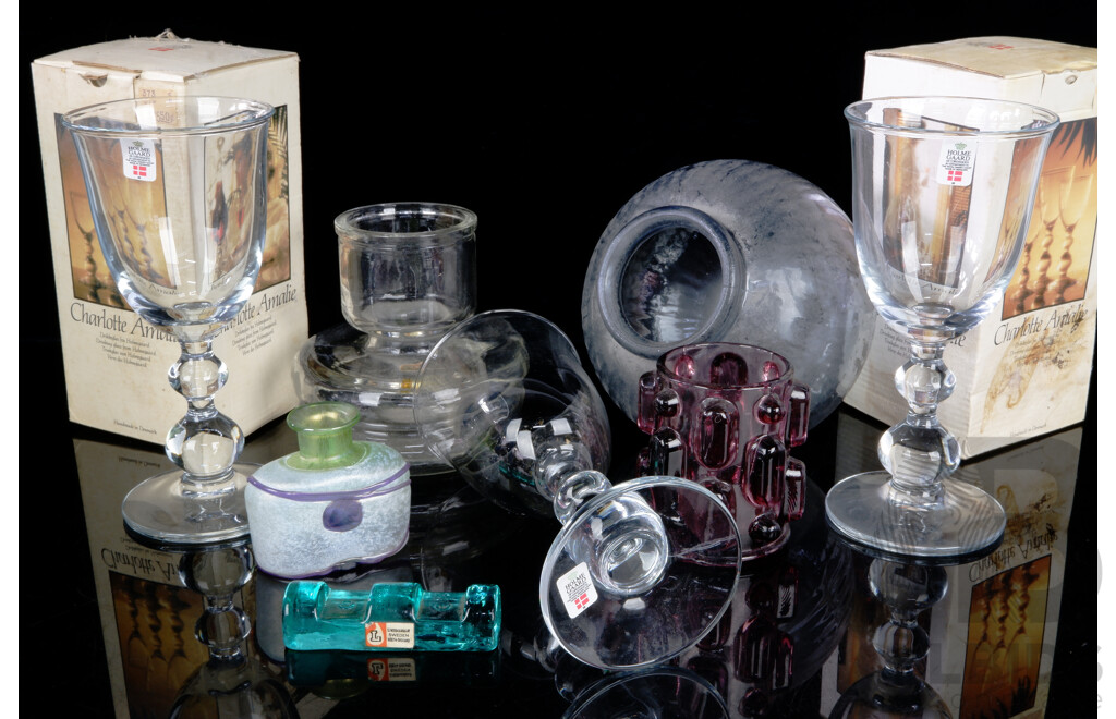 Collection Mid Century Glassware Including Three Holmgaard Amalie Glasses with Two in Original Boxes, Bertil Vallien for Kosta Boda Small Bottle, Lindshammer Pen Rest and More