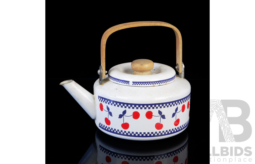 Funky Vintage Enameled Tin Kettle with Cherry Motif