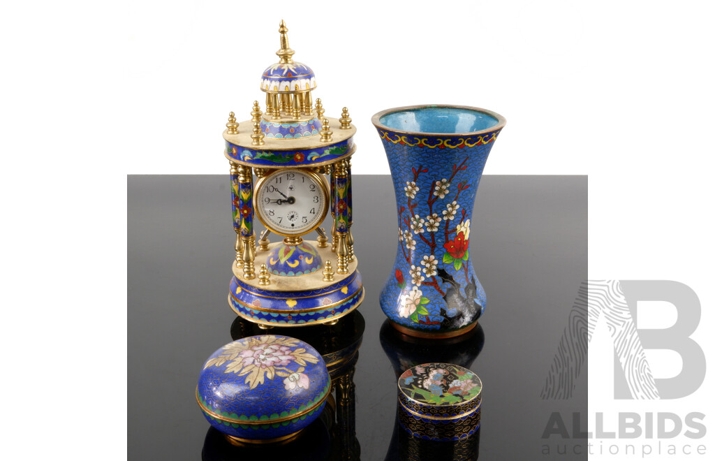 Collection Asian Cloisonne Pieces Including Rotunda Form Clock