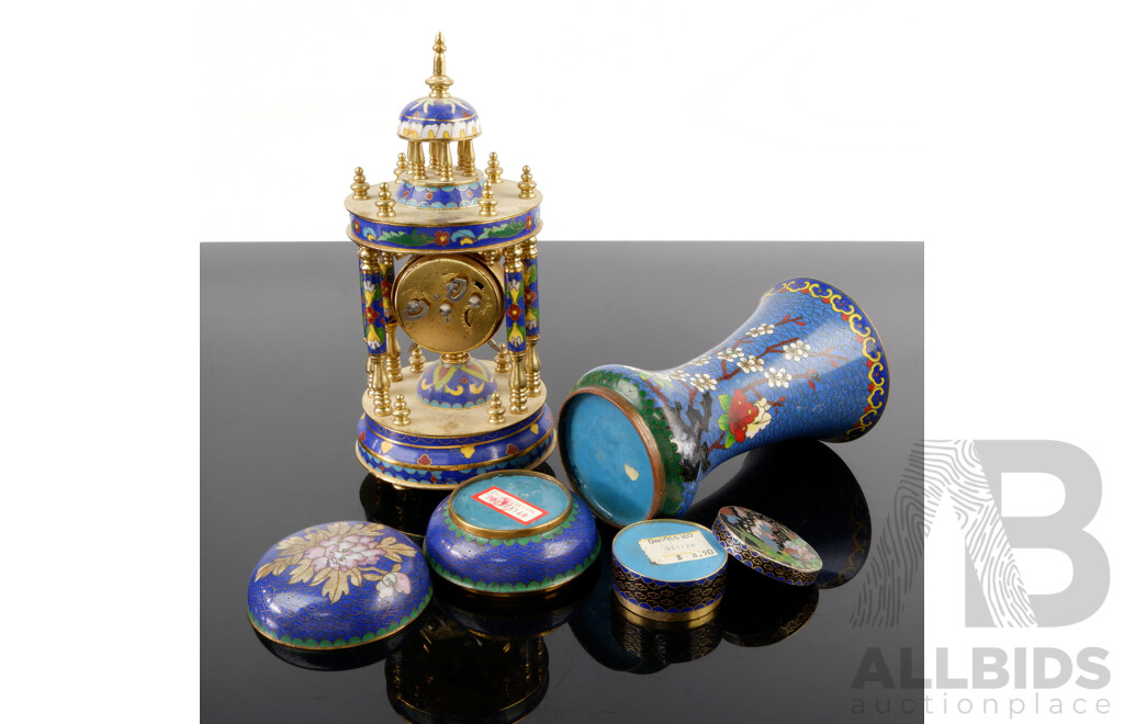 Collection Asian Cloisonne Pieces Including Rotunda Form Clock