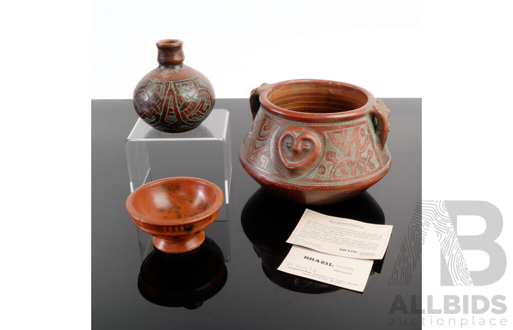 Vintage South American Amazonian Hand Made Marajoara Pottery Vessel with Incised Design, Vase and Another Dish